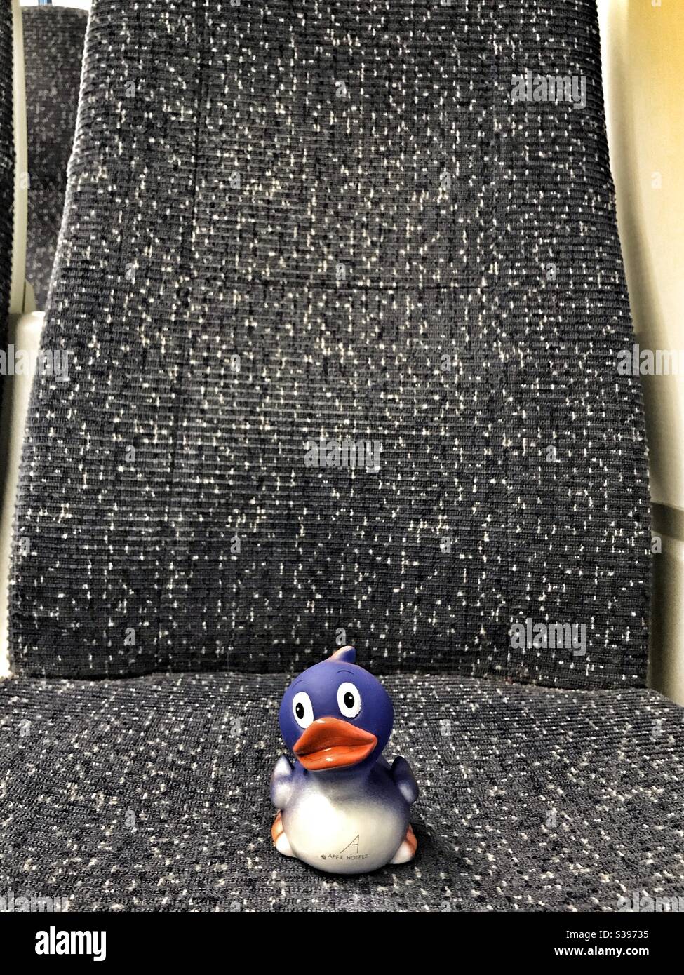 Blue and orange rubber duck sitting on train seat - Smartphone Captured Stock Image