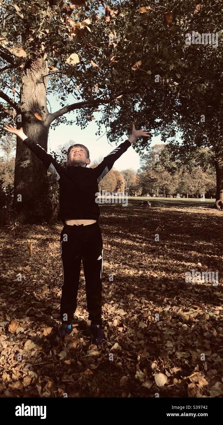 Boy in the Park Autumn Colours Stock Photo - Alamy