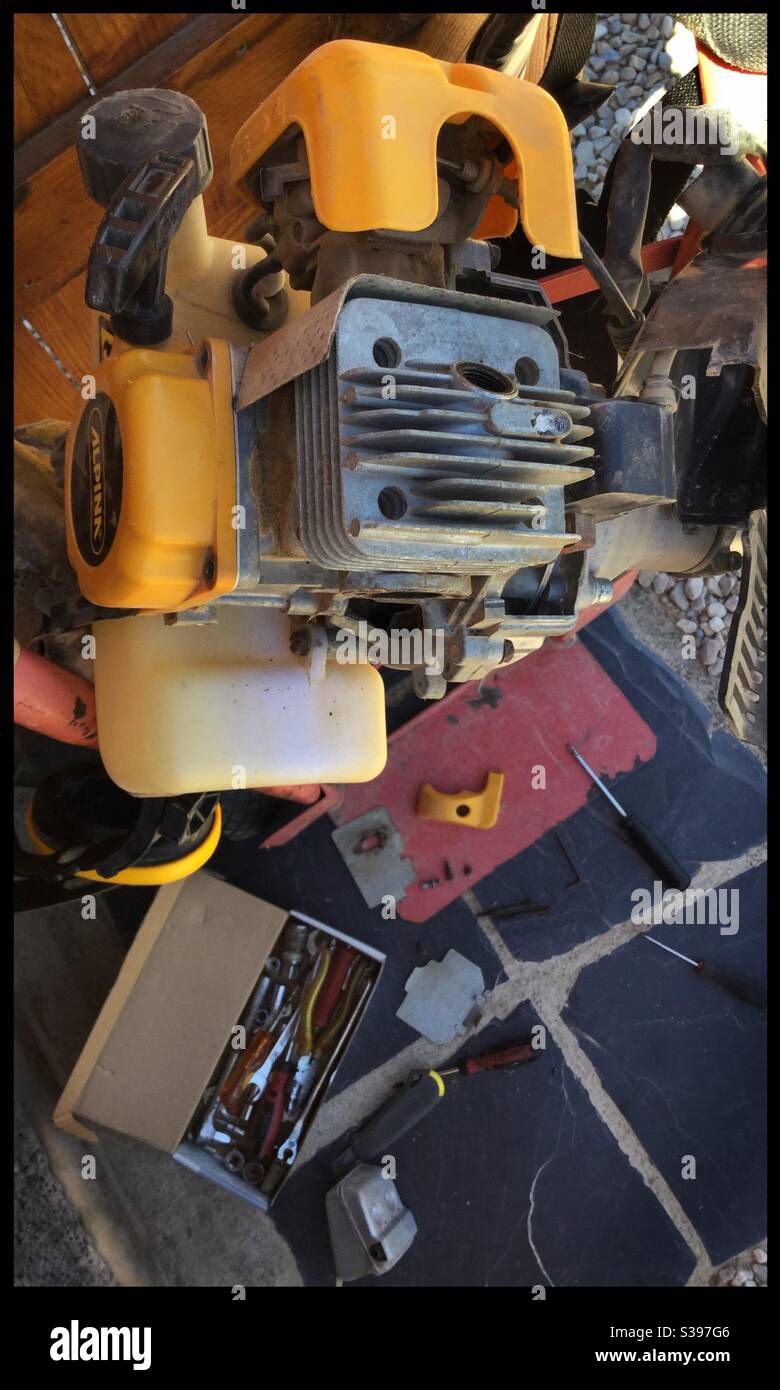 Repairing an Alpina strimmer, Catalonia, Spain. - Smartphone Captured Stock Image