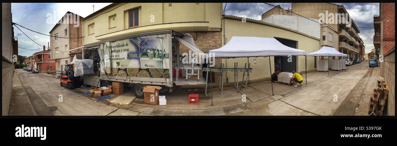Mobile bottling line outside a winery, Catalonia, Spain. - Smartphone Captured Stock Image