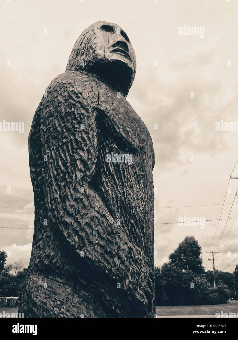 Carved wooden statue of Sasquatch looks pensively at the sky in black and white photo, North Carolina - Smartphone Captured Stock Image