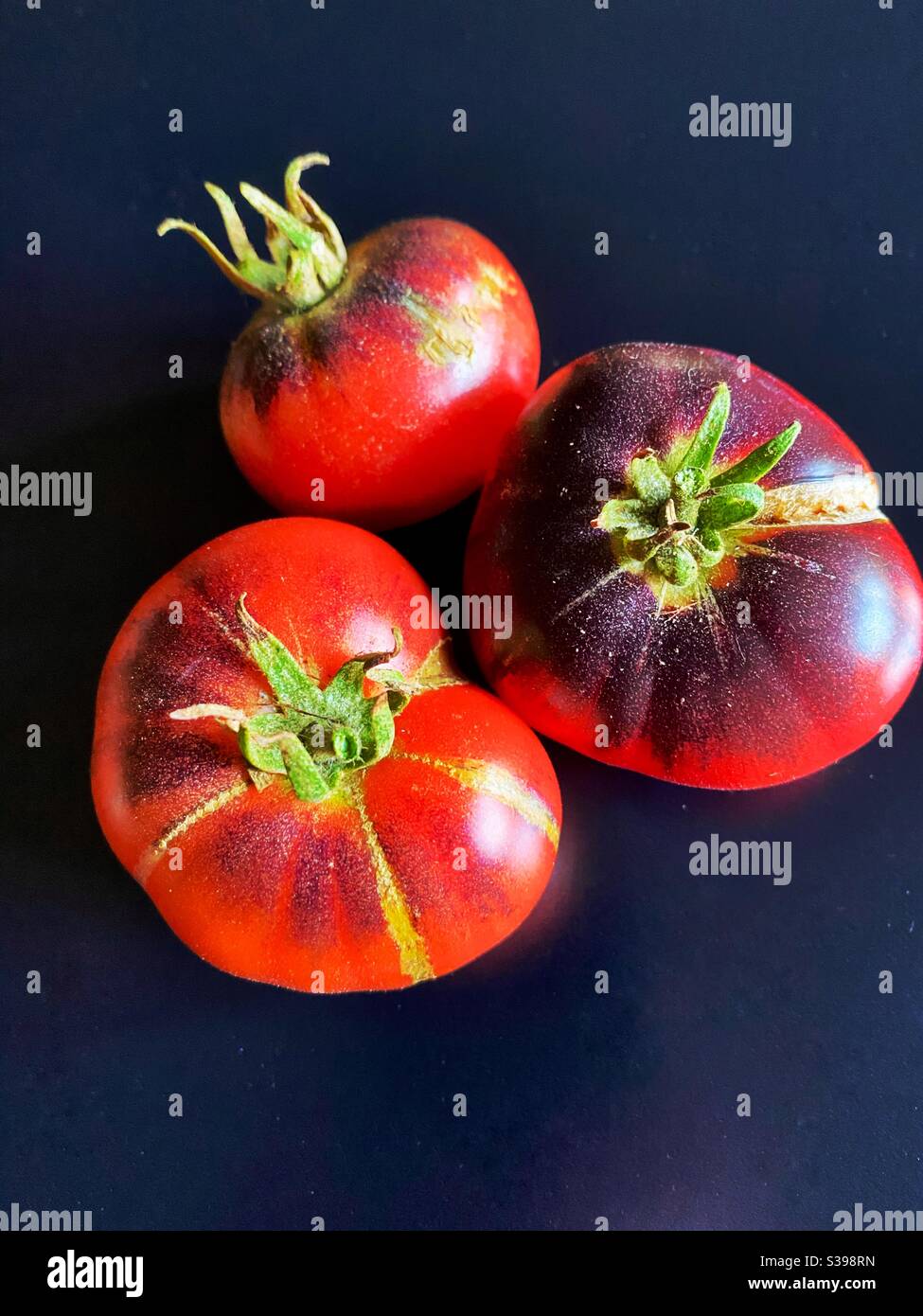 Three heirloom tomatoes on a black background - Smartphone Captured Stock Image