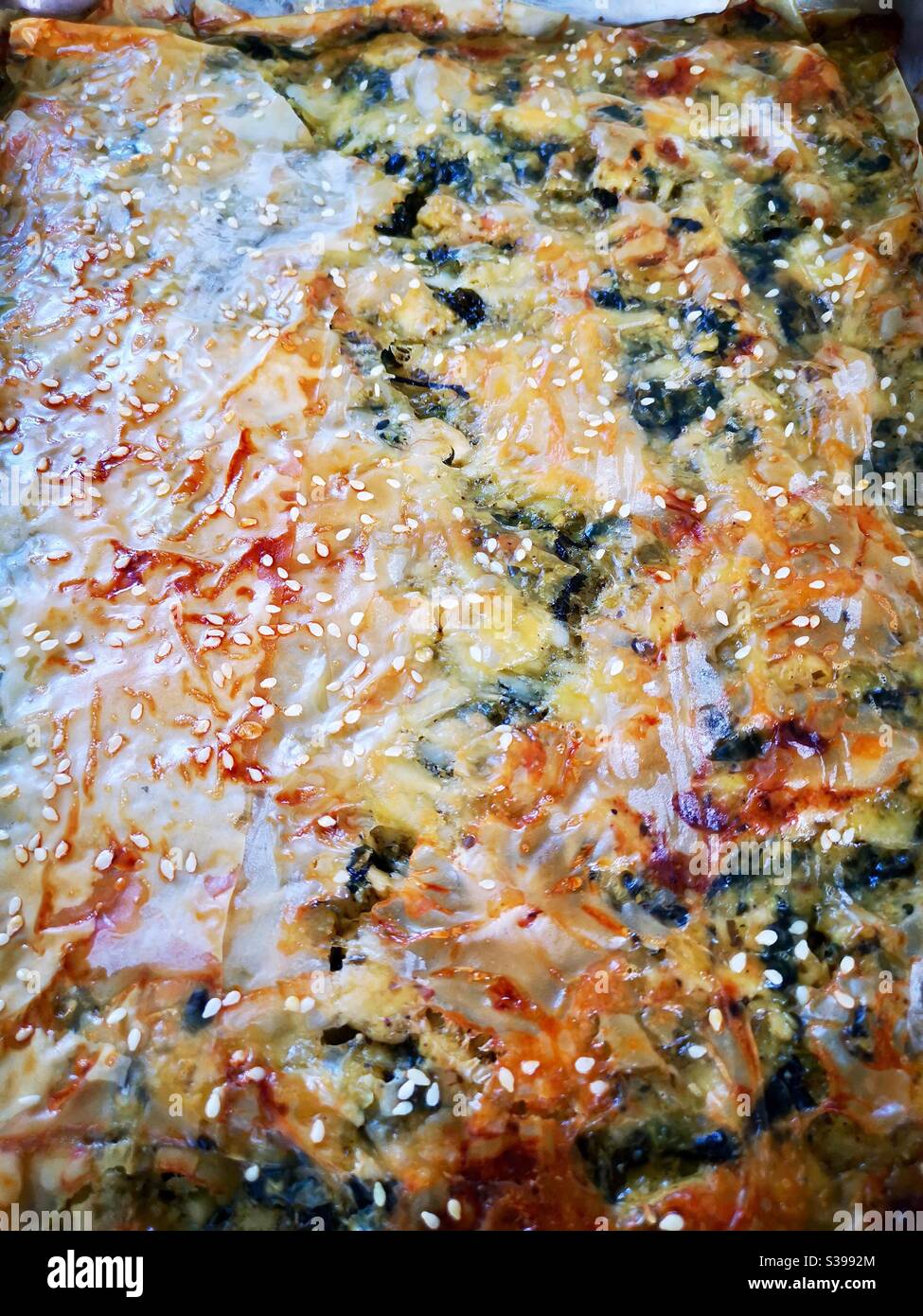 Balkan Cheese and spinach filo pastry dish. - Smartphone Captured Stock Image