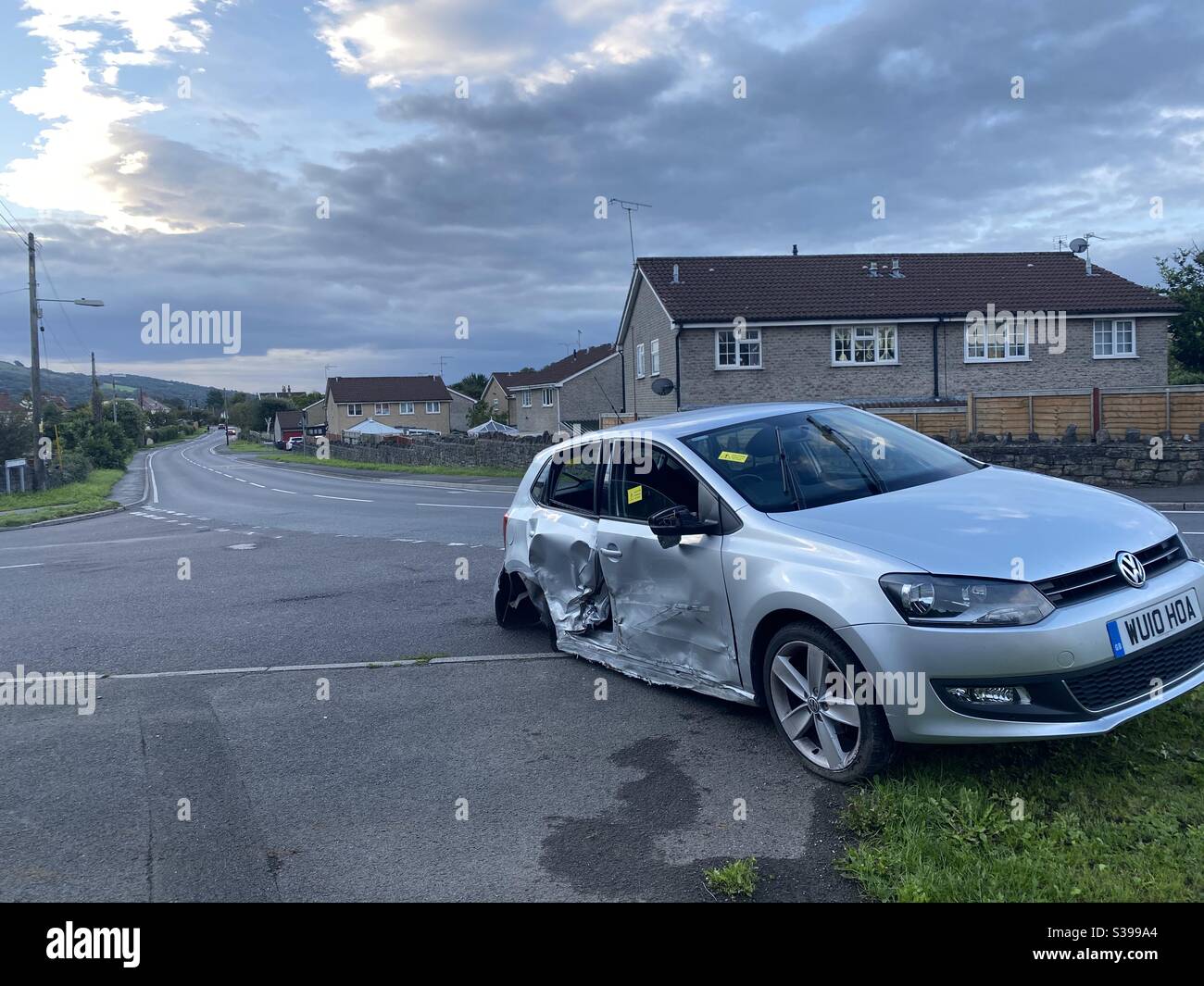 August 2020 - Car crash in Cheddar, Somerset. Taken the morning after. Volkswagen Polo - Smartphone Captured Stock Image