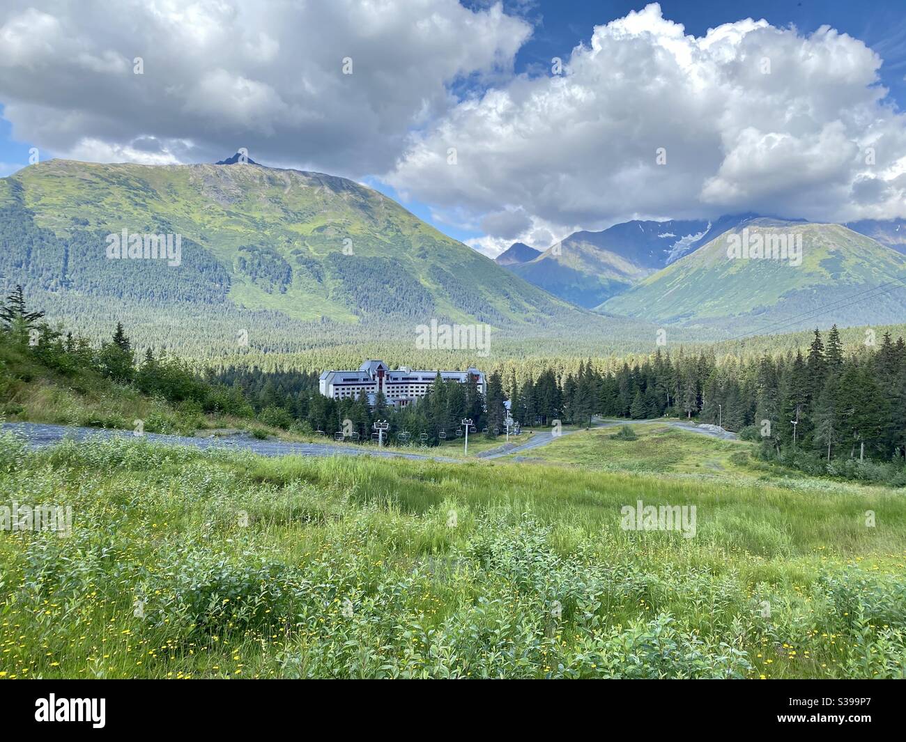 View of Alyeska Resort in Girdwood, Alaska from one of the slopes. Stock Photo
