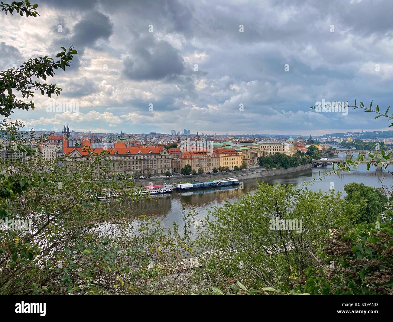 Cloudy Prague view at old town and river Moldau. Stock Photo