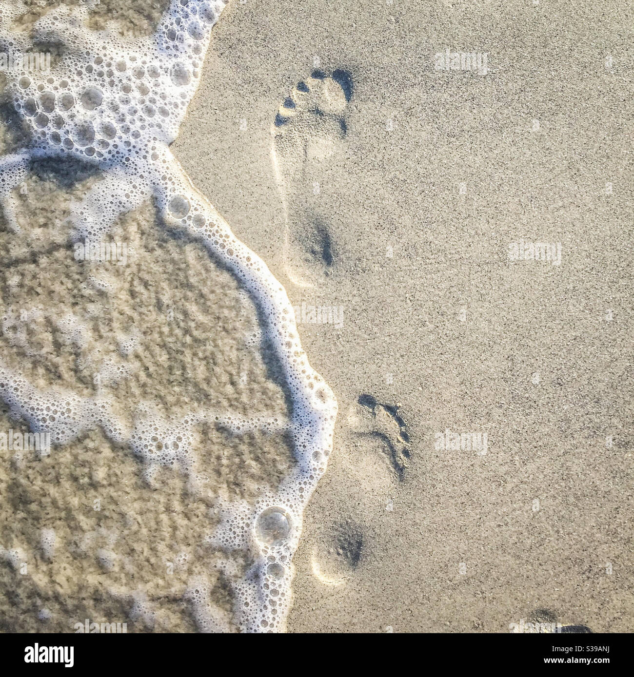 Two footprints in the sand on a beach Stock Photo