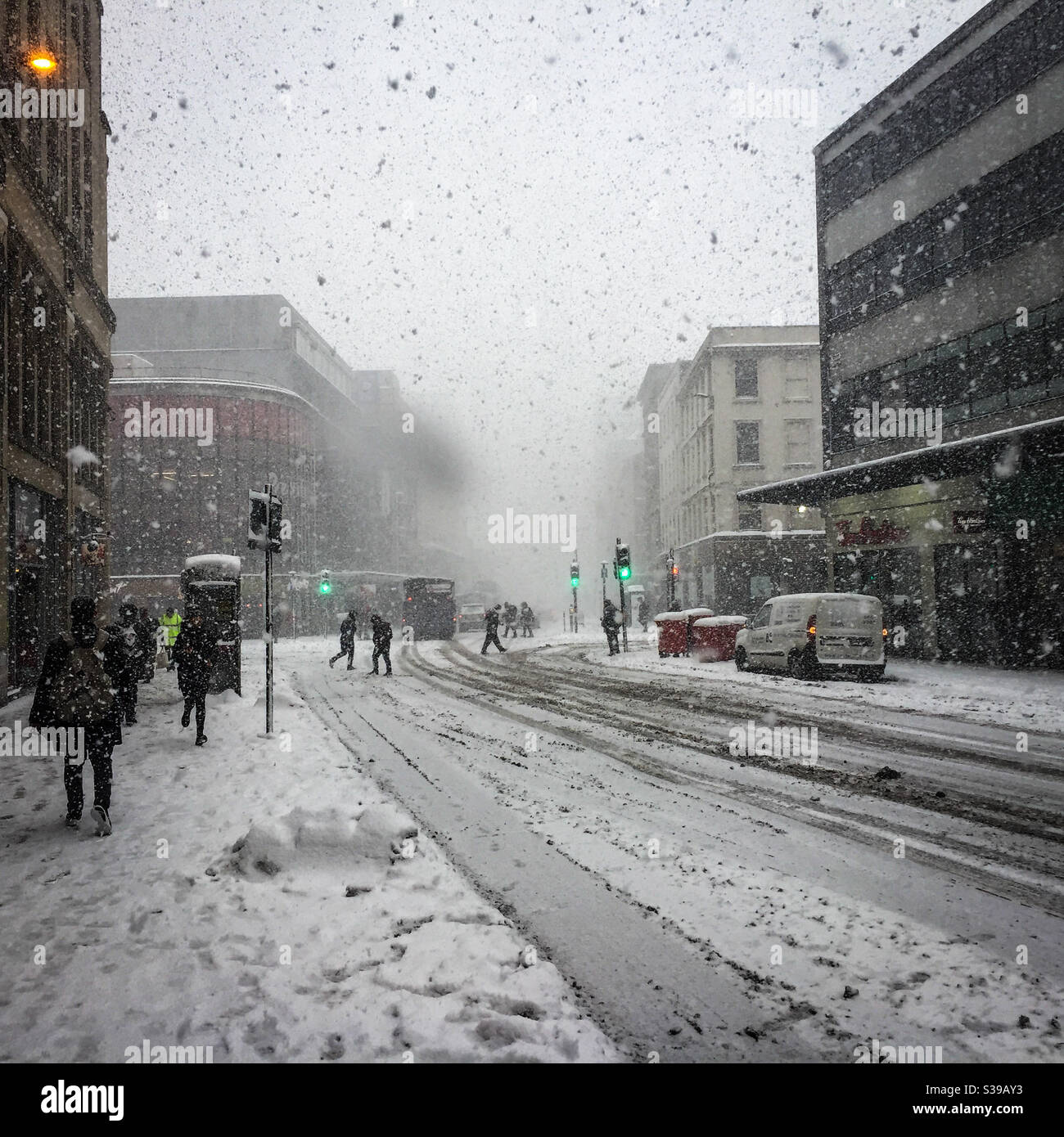 Snow covered empty Union Street in Glasgow, Scotland - Smartphone Captured Stock Image