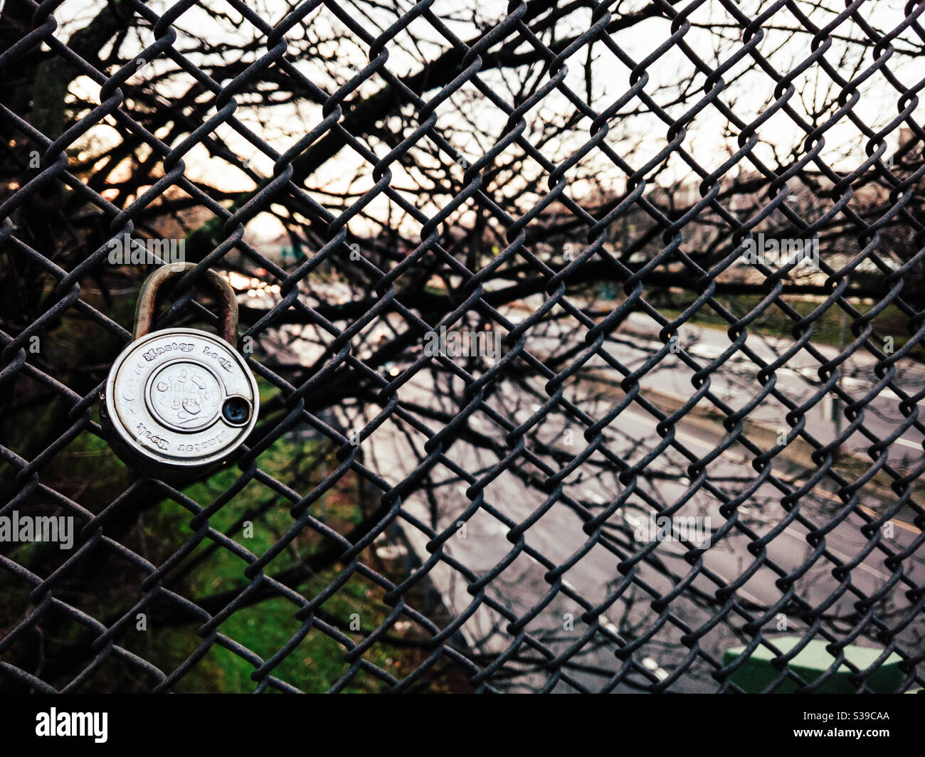 Love lock on a pedestrian bridge over Prospect Parkway in Brooklyn, New York - Smartphone Captured Stock Image