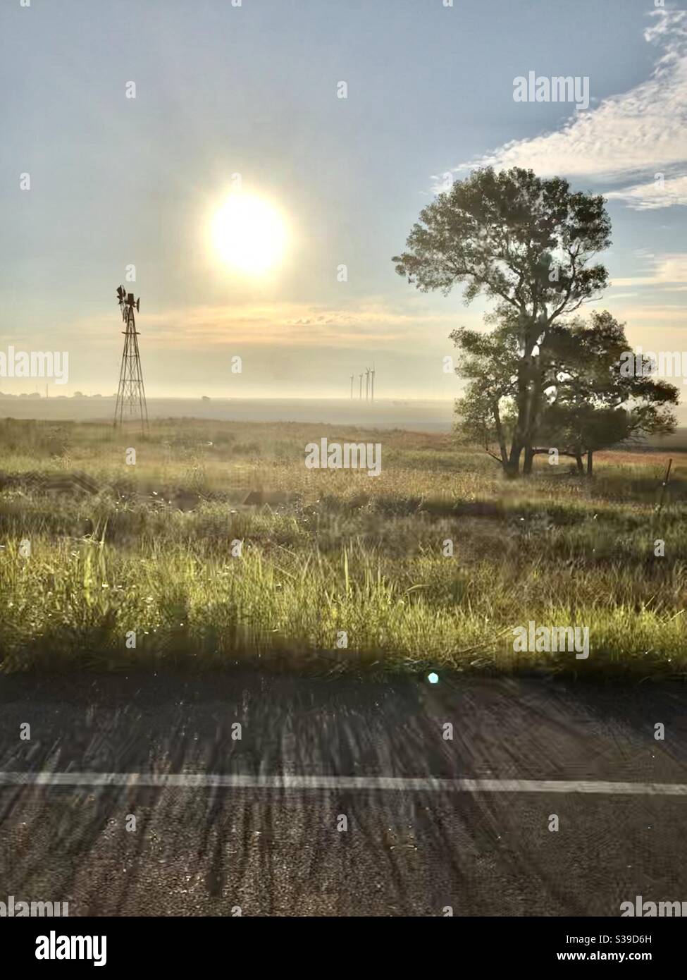 Oklahoma farmland and windmills Stock Photo