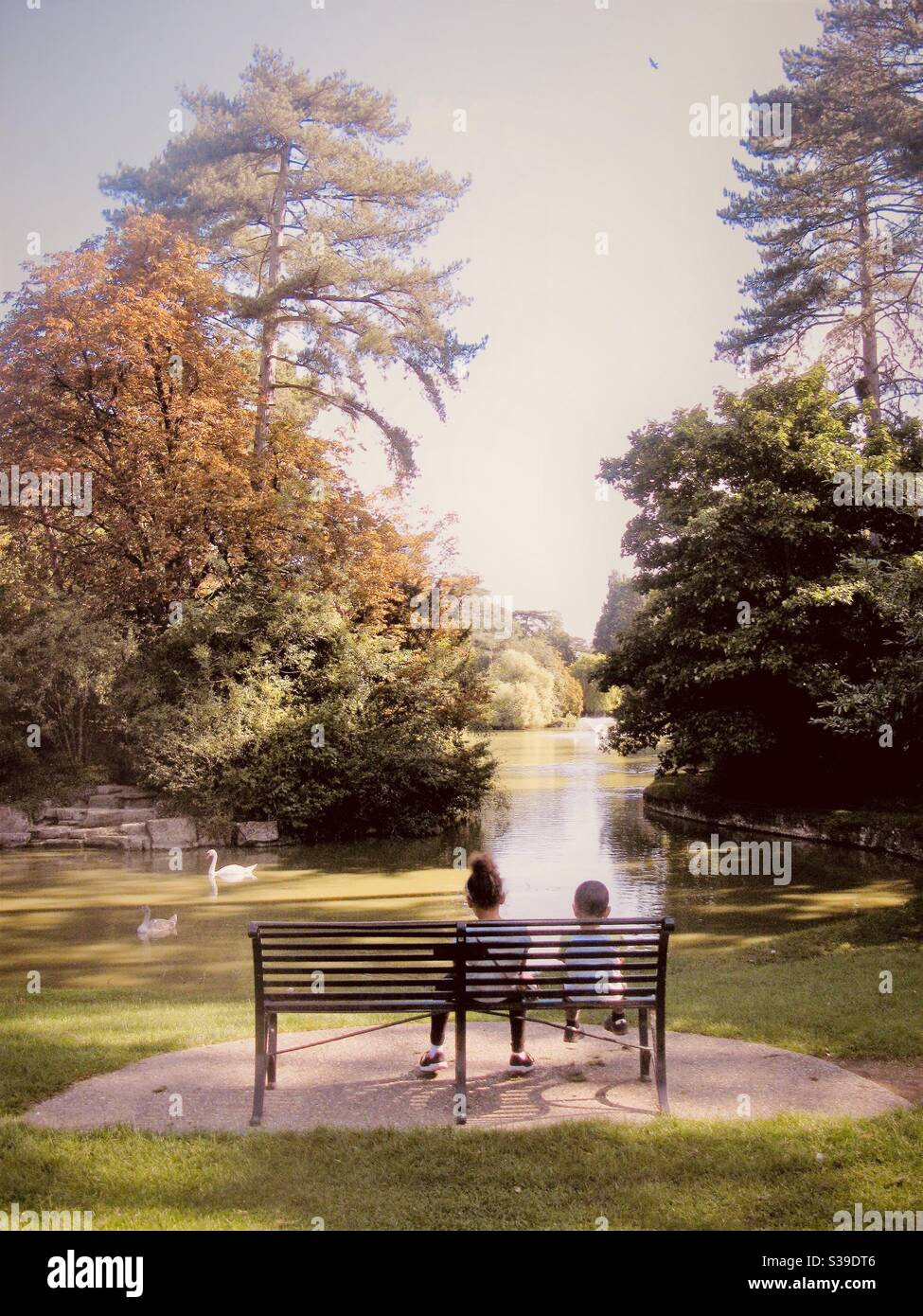 Mixed race girl and boy sat on bench overlooking lake with swans in Bedford Park, Bedfordshire, England, UK. - Smartphone Captured Stock Image