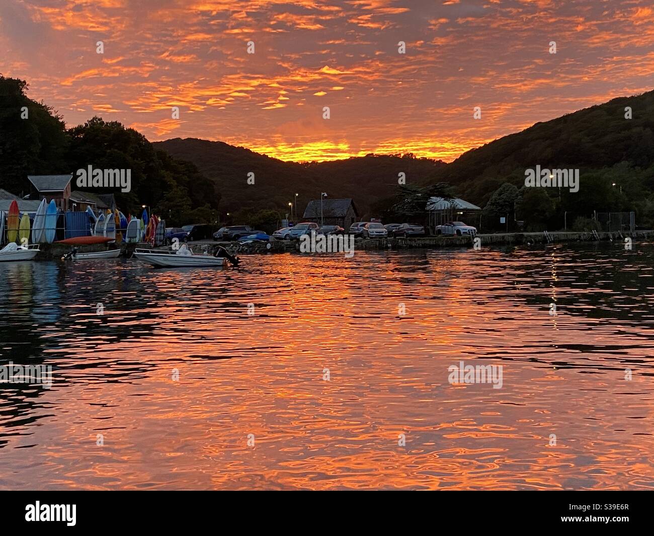 Looe Estuary Cornwall sunset - pink light reflections - Smartphone Captured Stock Image