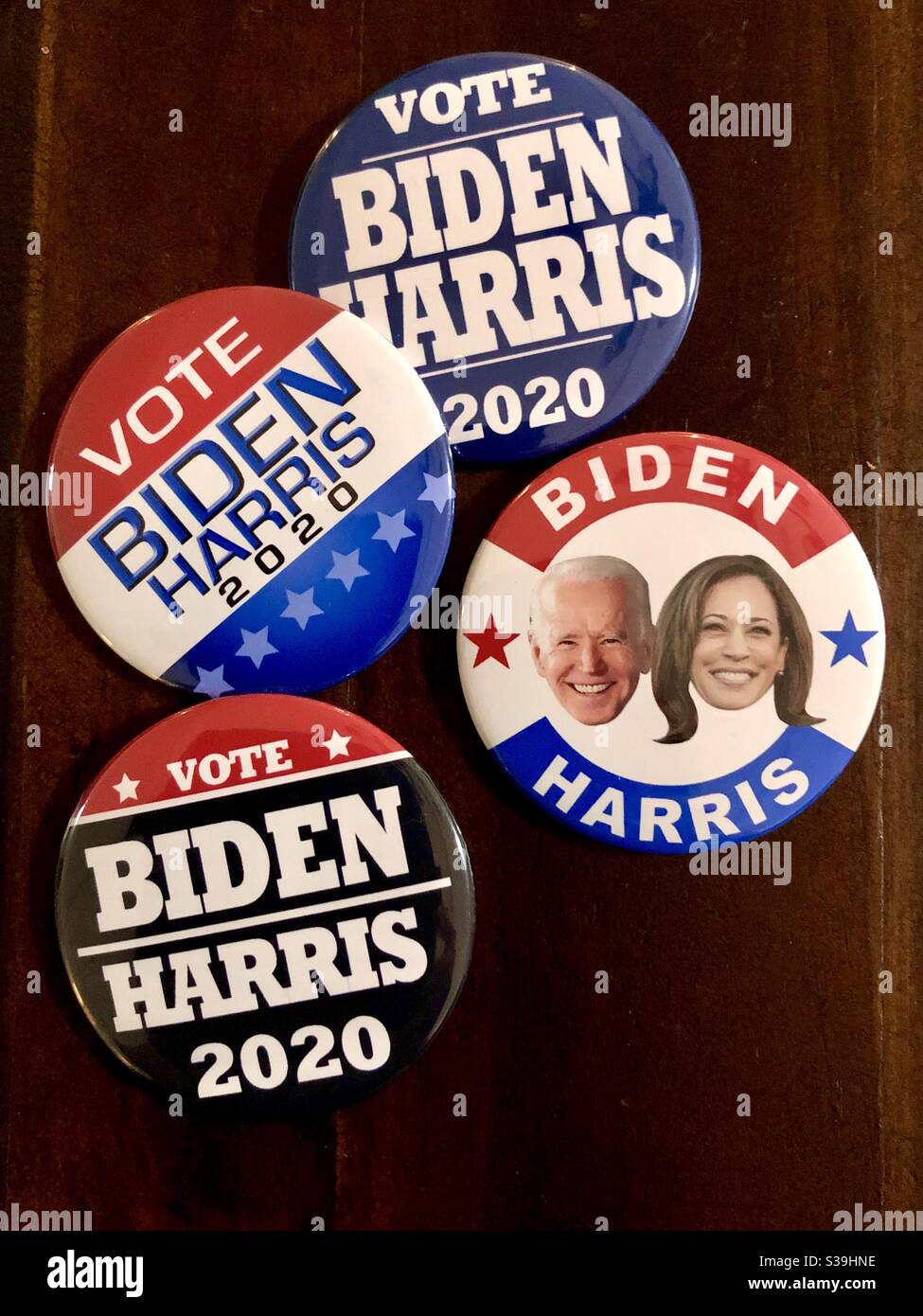 2020 campaign buttons for US Presidential election for  Democratic candidates Joe Biden for President and Kamala Harris for VP. - Smartphone Captured Stock Image