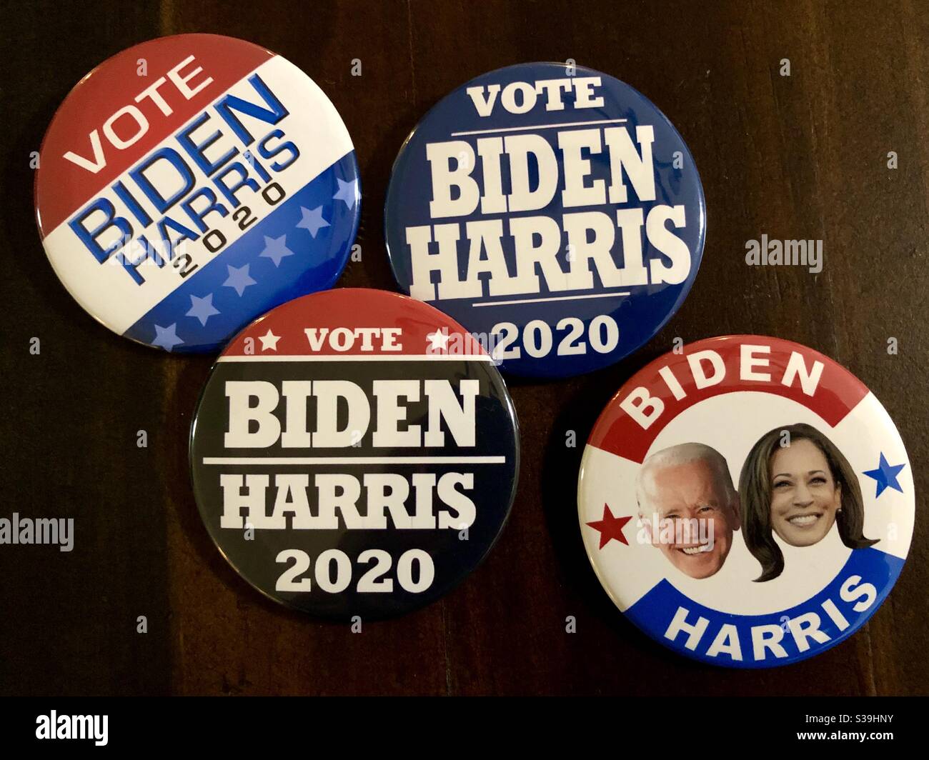 Campaign buttons for the 2020 United States presidential election for the Democratic candidates Joe Biden for President and Kamala Harris for VP. Stock Photo