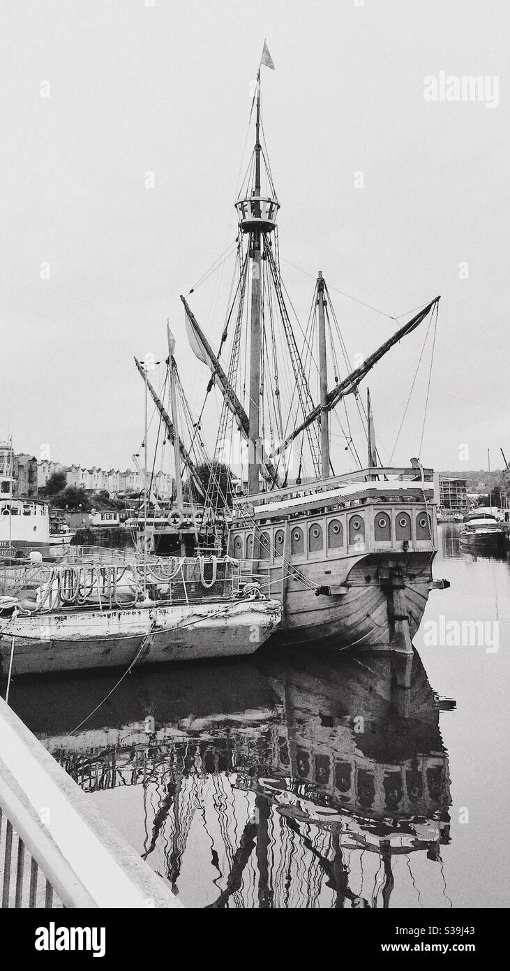 Black and white photo of a ship in Bristol harbour, in England, UK Stock Photo