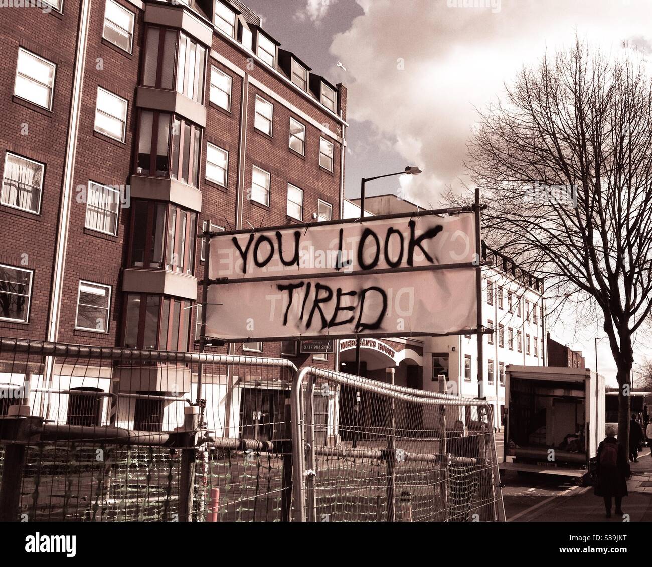 Somebody’s thoughts sprayed on the back of a banner - Smartphone Captured Stock Image