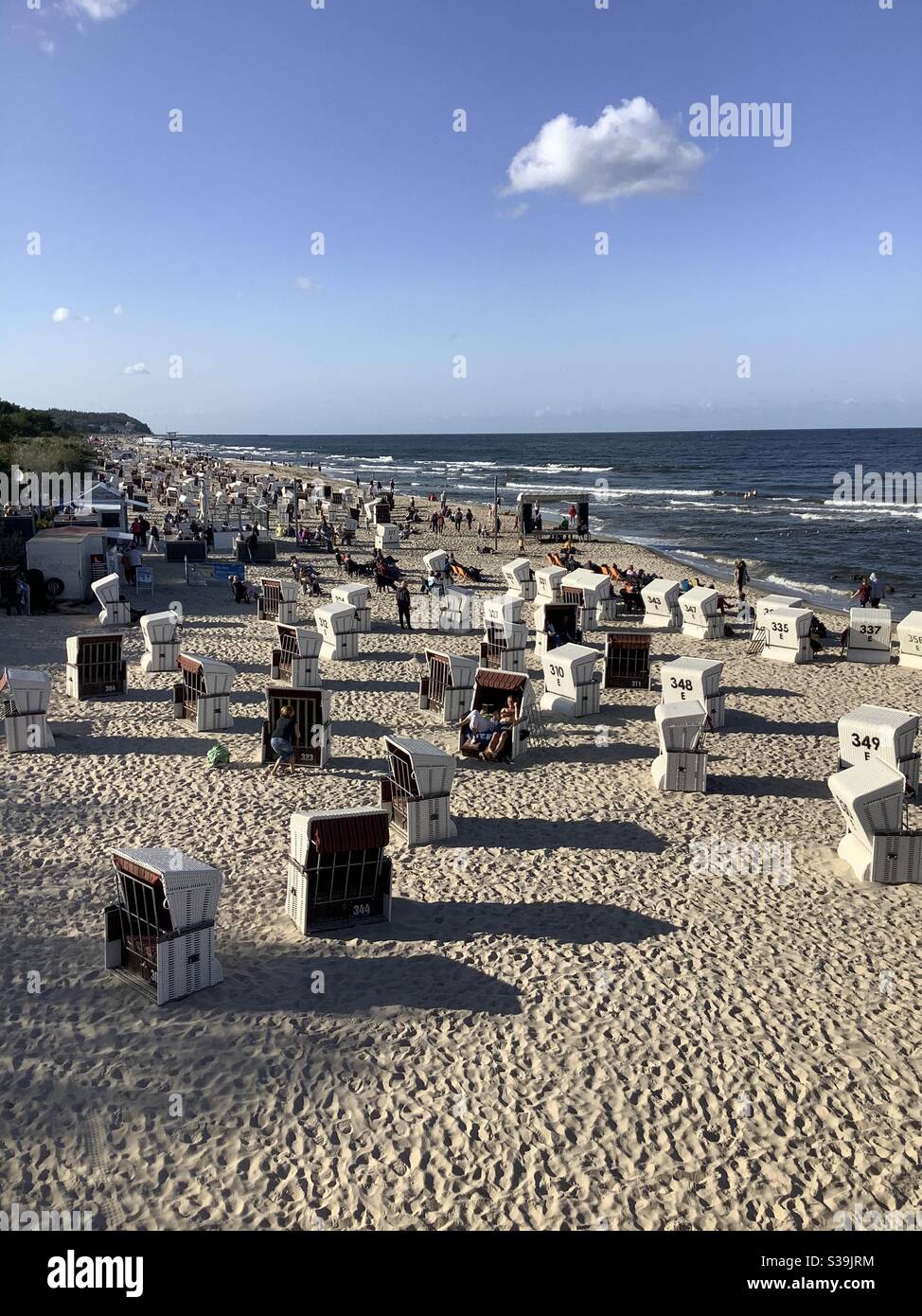 Wicker beach chairs on the beach of Heringsdorf, imperial baths, Baltic Sea, Usedom, Mecklenburg Vorpommern, Germany, Europe Stock Photo