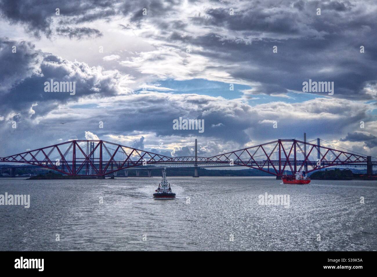 The Forth bridges over the River Forth in Edinburgh, Scotland. - Smartphone Captured Stock Image