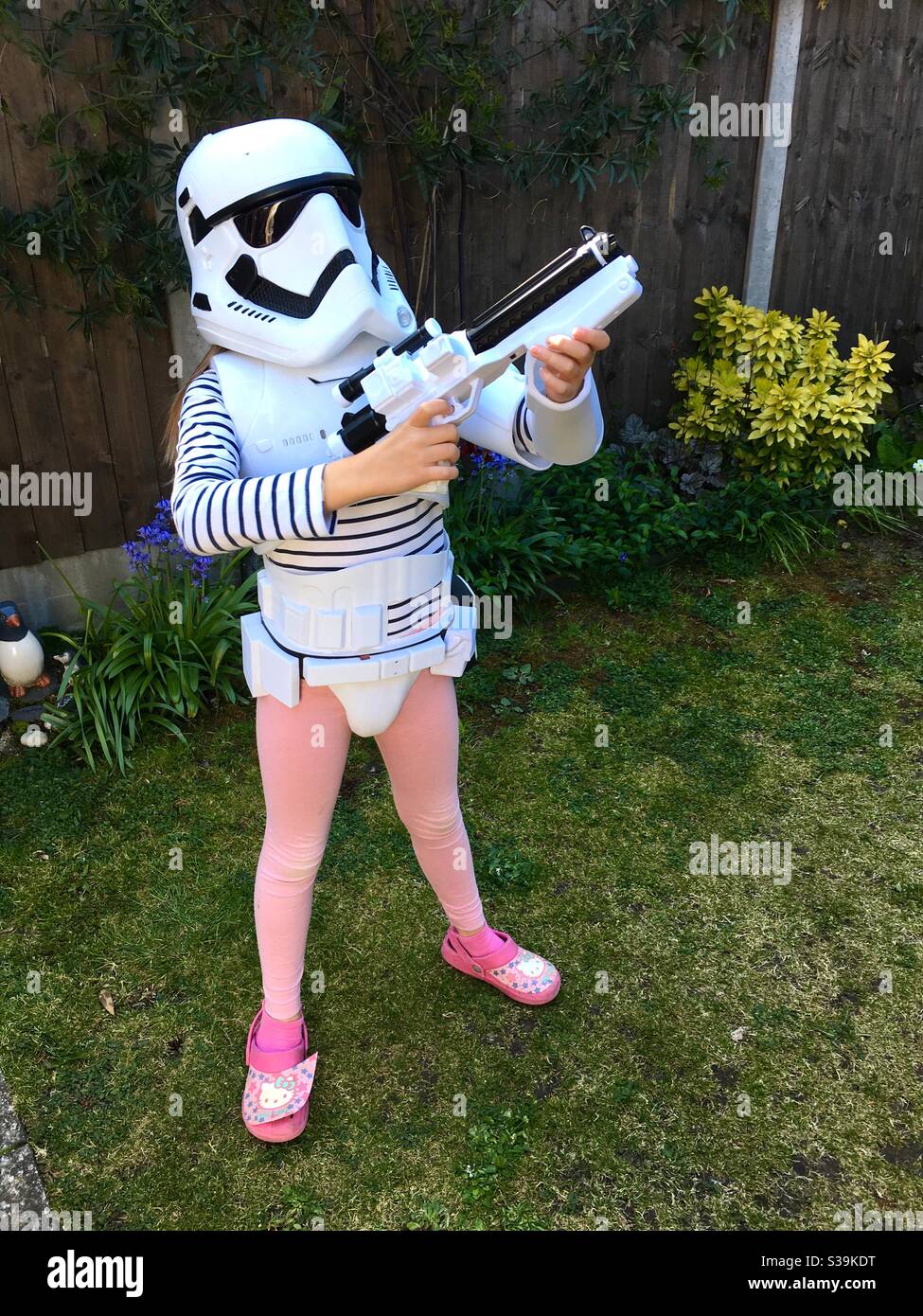 Child dressed up as a storm trooper from Star Wars Stock Photo