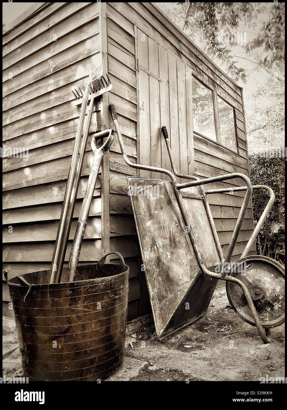 A garden shed in monochrome. - Smartphone Captured Stock Image