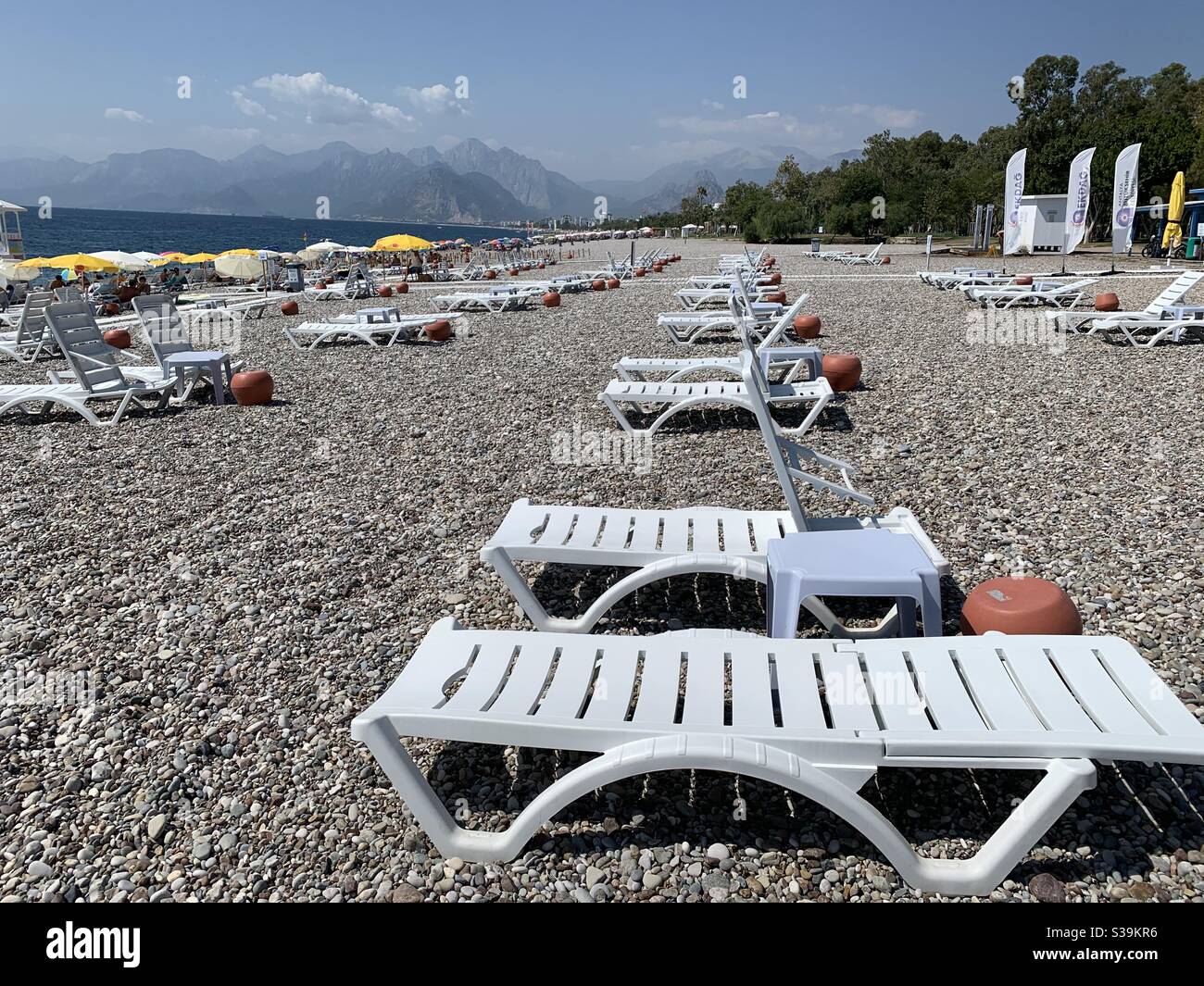 Empty sunloungers at Konyaaltı beach turkey Stock Photo