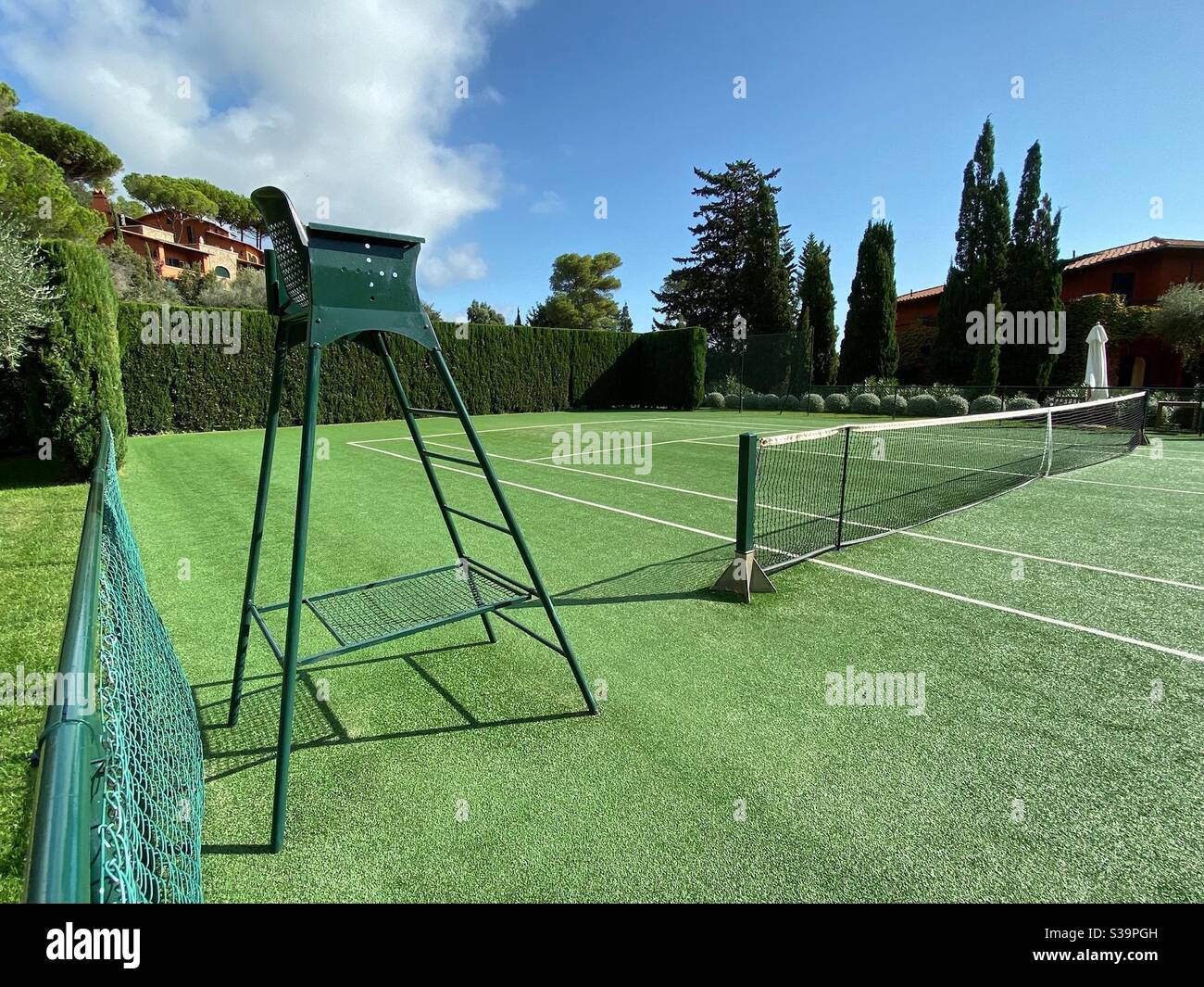 Tennis Court at Hotel Il Pellicano, Tuscany, Italy Stock Photo