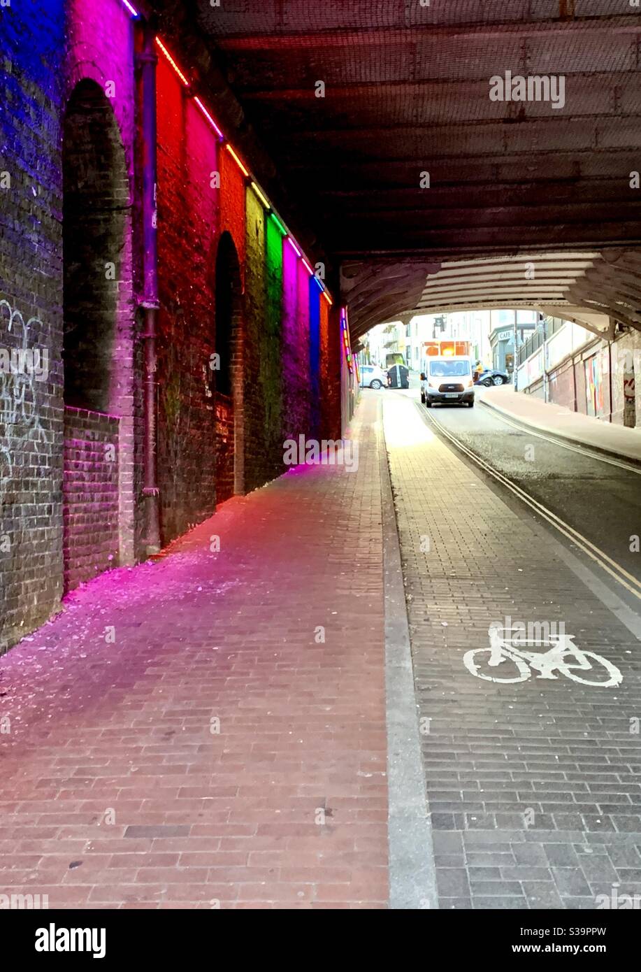 Colourful lights in tunnel in Brighton Stock Photo