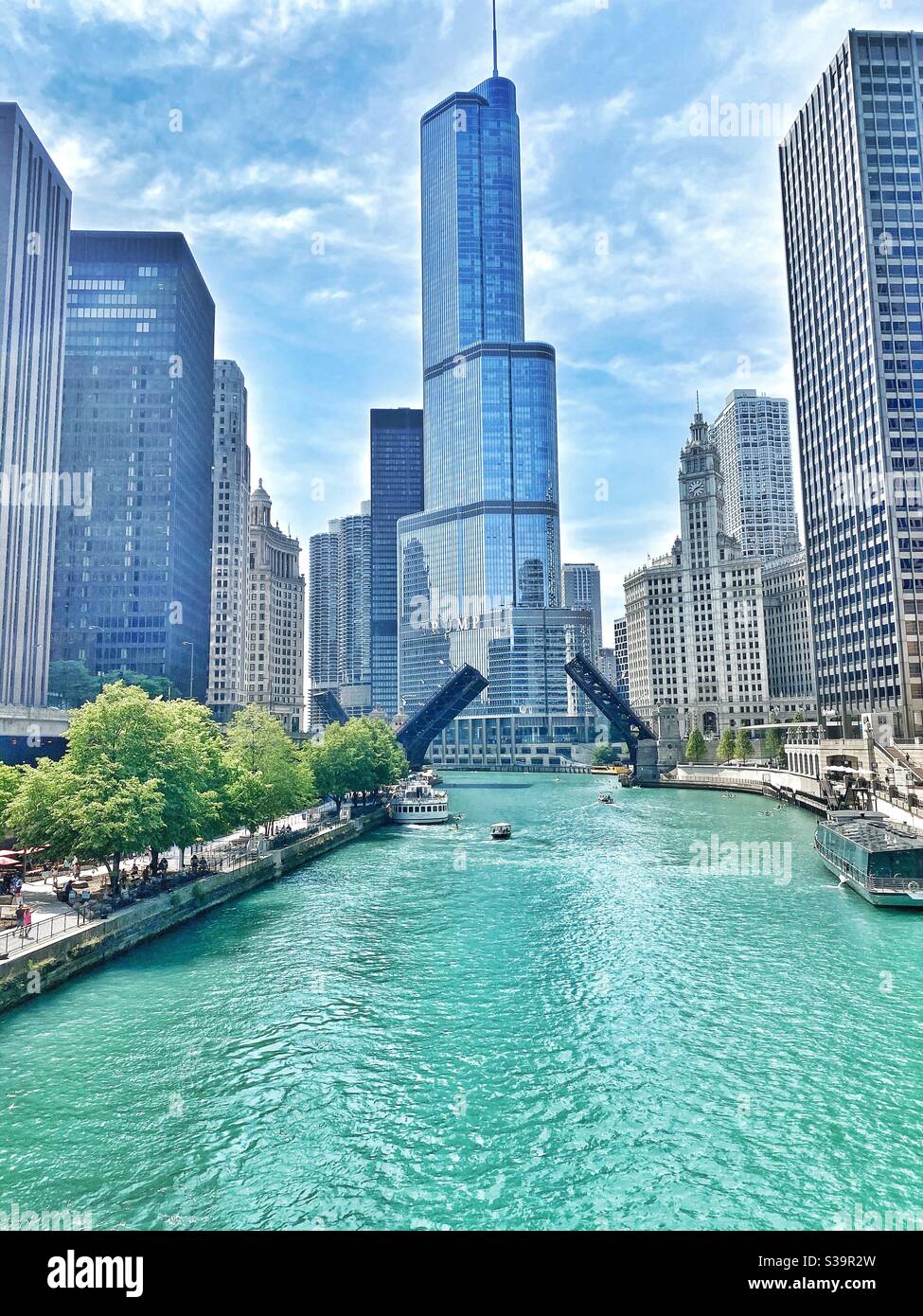 View of downtown Chicago and Trump Tower from the Chicago River on a beautiful summer day Stock Photo