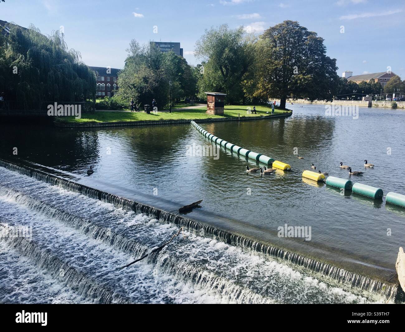 Weir on the Great River Ouse, Bedford, Bedfordshire, England, UK - Smartphone Captured Stock Image