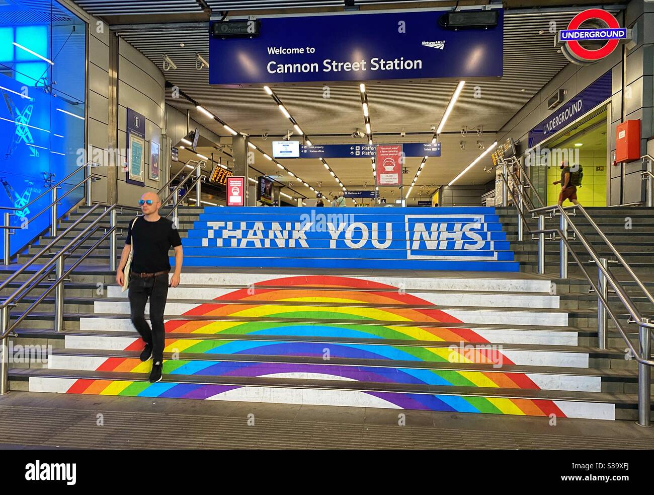 Thank you NHS written on the steps of Cannon Street Station on Monday September 21 2020 during the Covid-19 pandemic in London, England - Smartphone Captured Stock Image