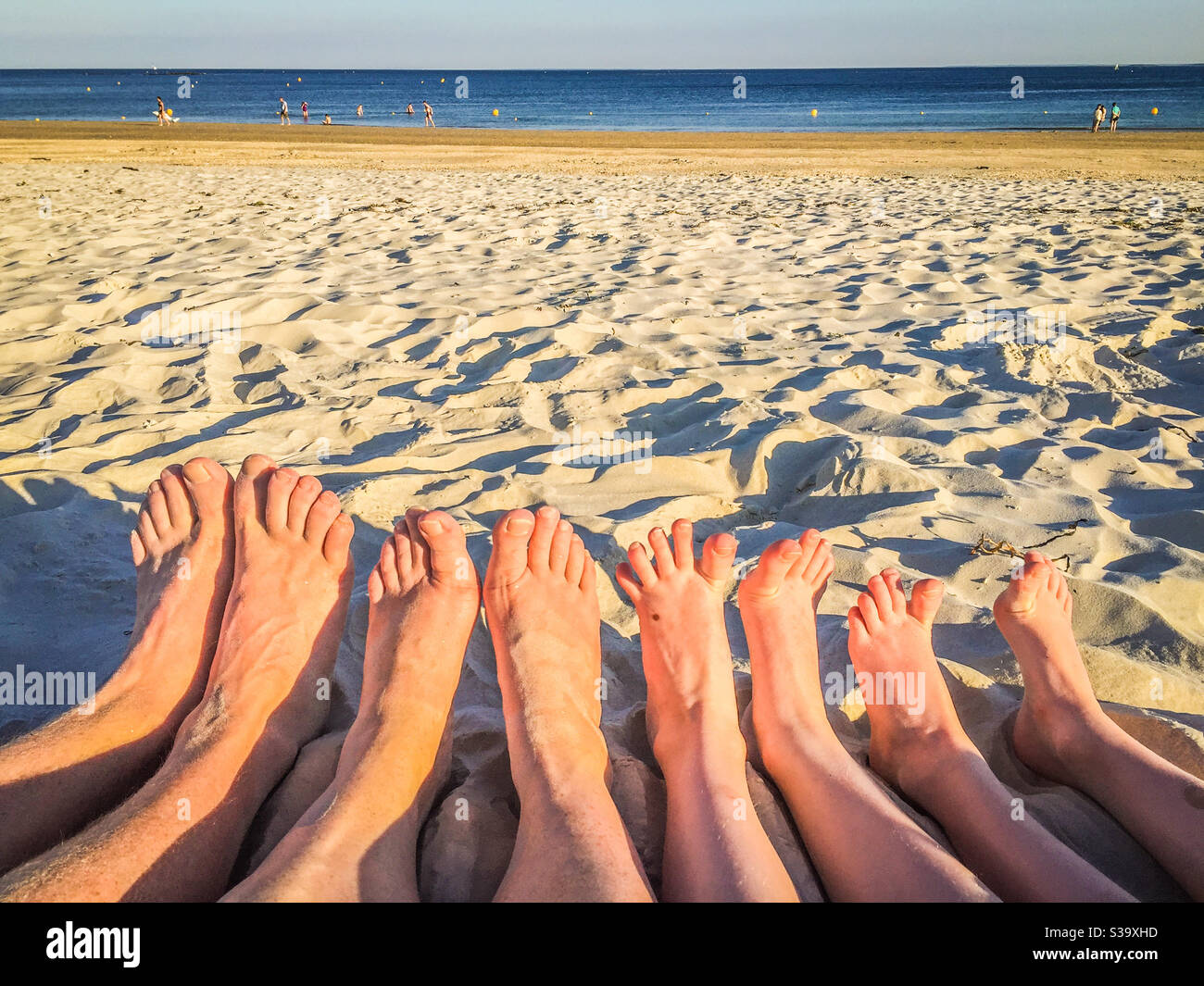 The feet of a family of four relaxing on a beach Stock Photo