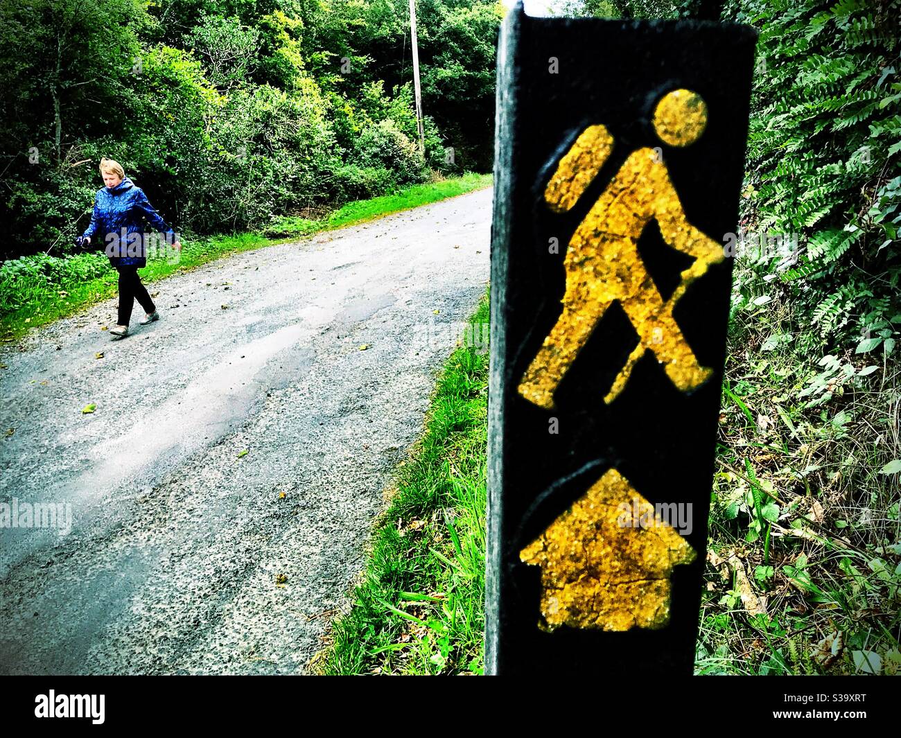 Walking route post symbol and woman walker - Smartphone Captured Stock Image