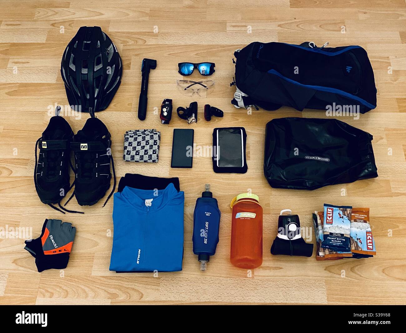 Bicycle tour essentials gear Stock Photo