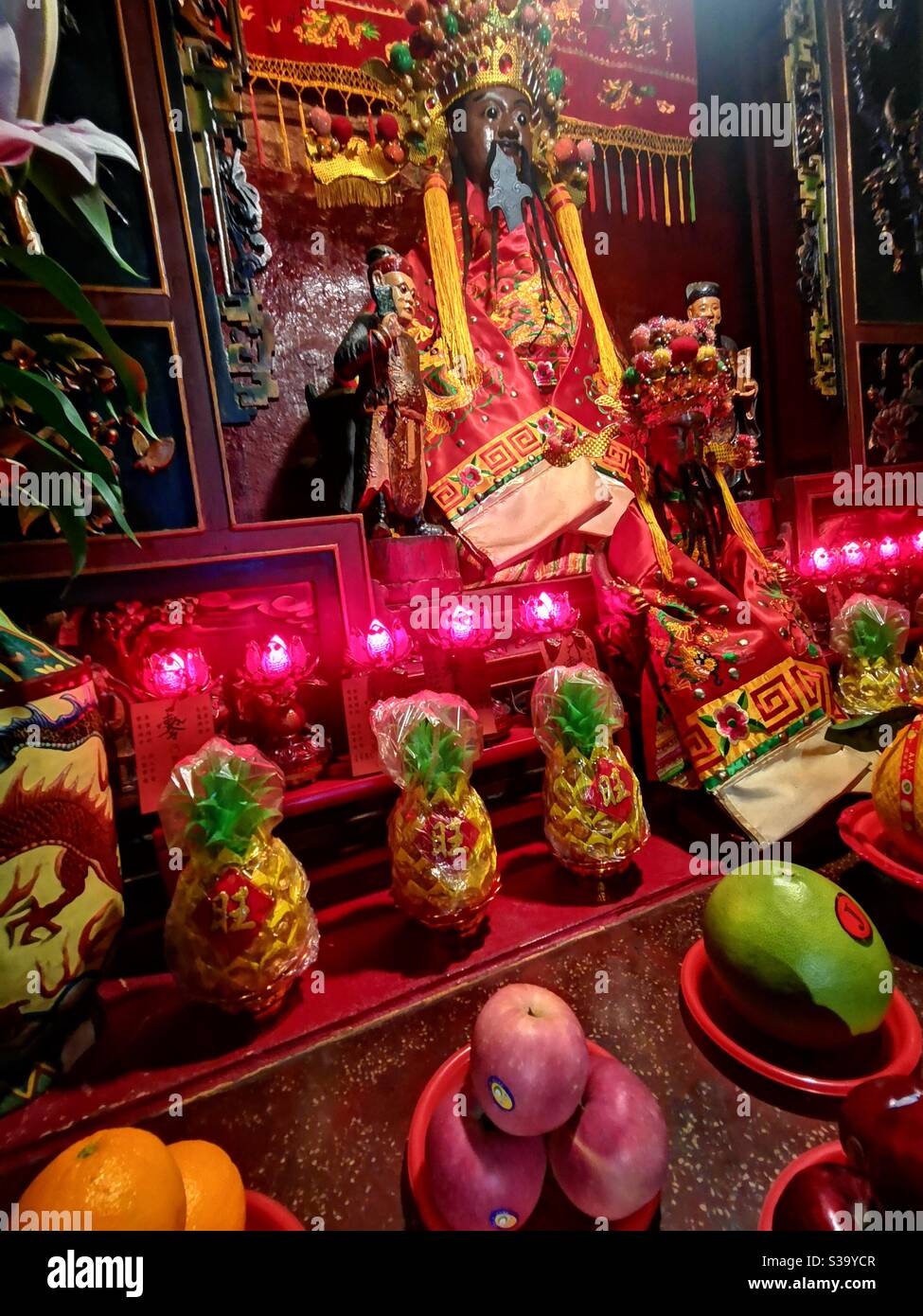 Offers given to the deity at the beautiful Hung Shing temple in Ap Lei Chau, Hong Kong. Stock Photo