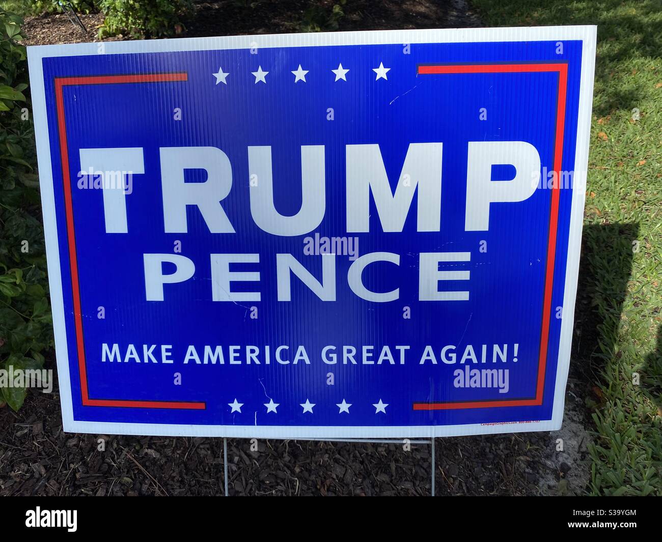 Political campaign yard sign for Trump and Pence upcoming presidential election USA 2020 Stock Photo