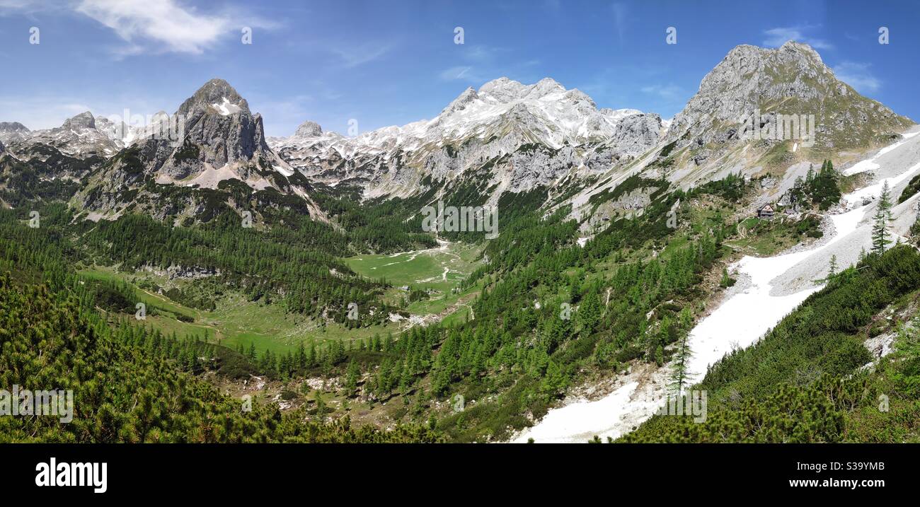 A panorama of Slovenian Alps, in the middle a highest mountain in Slovenia called Triglav, which means three heads - Smartphone Captured Stock Image