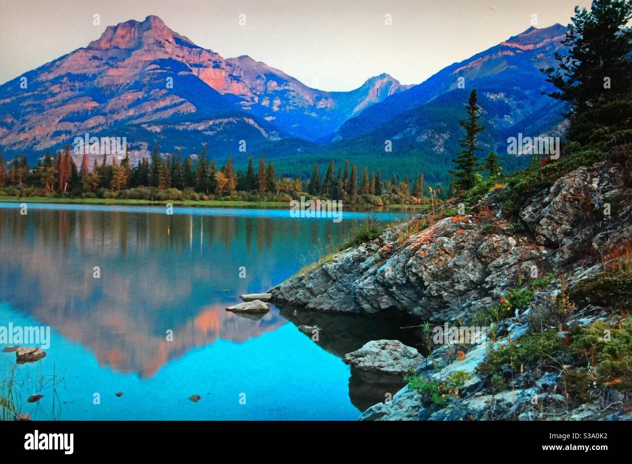 Alberta bound, sunrise, TransCanada highway,Canadian Rockies, Bow Valley Provincial Park, Alberta. Travelling Alberta, Lac des Arcs, reflections, mirror - Smartphone Captured Stock Image