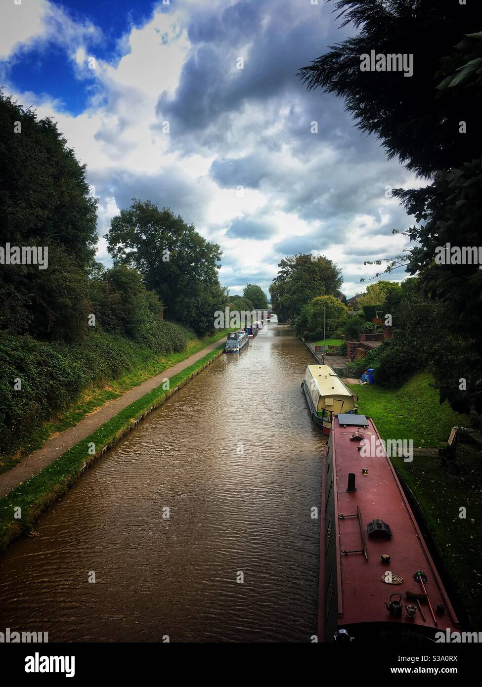 Narrow boats on the Shropshire and Union canal in middlewich Cheshire Uk - Smartphone Captured Stock Image
