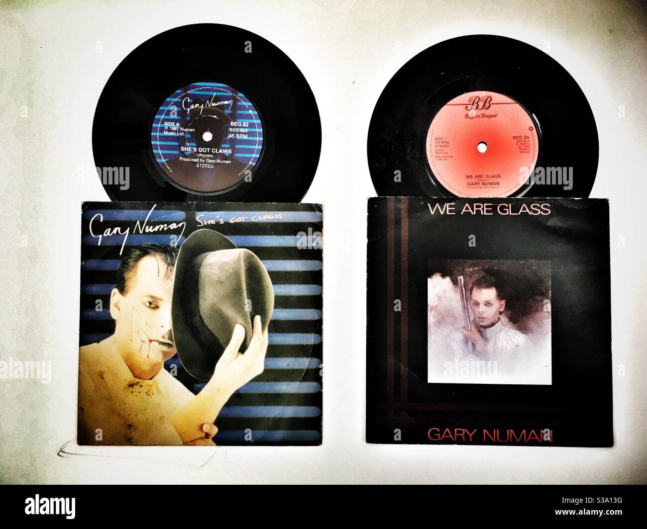 Gary Numan 7 inch single records - Smartphone Captured Stock Image