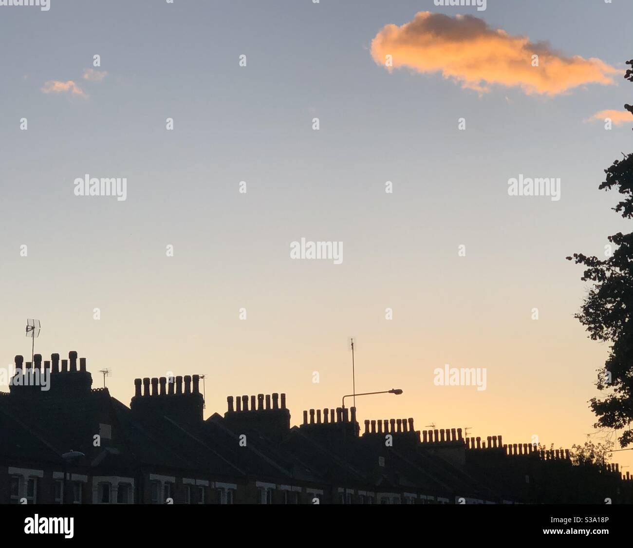 Rows of chimneys on terrace houses in london at sunset while a pink cloud floats above Stock Photo
