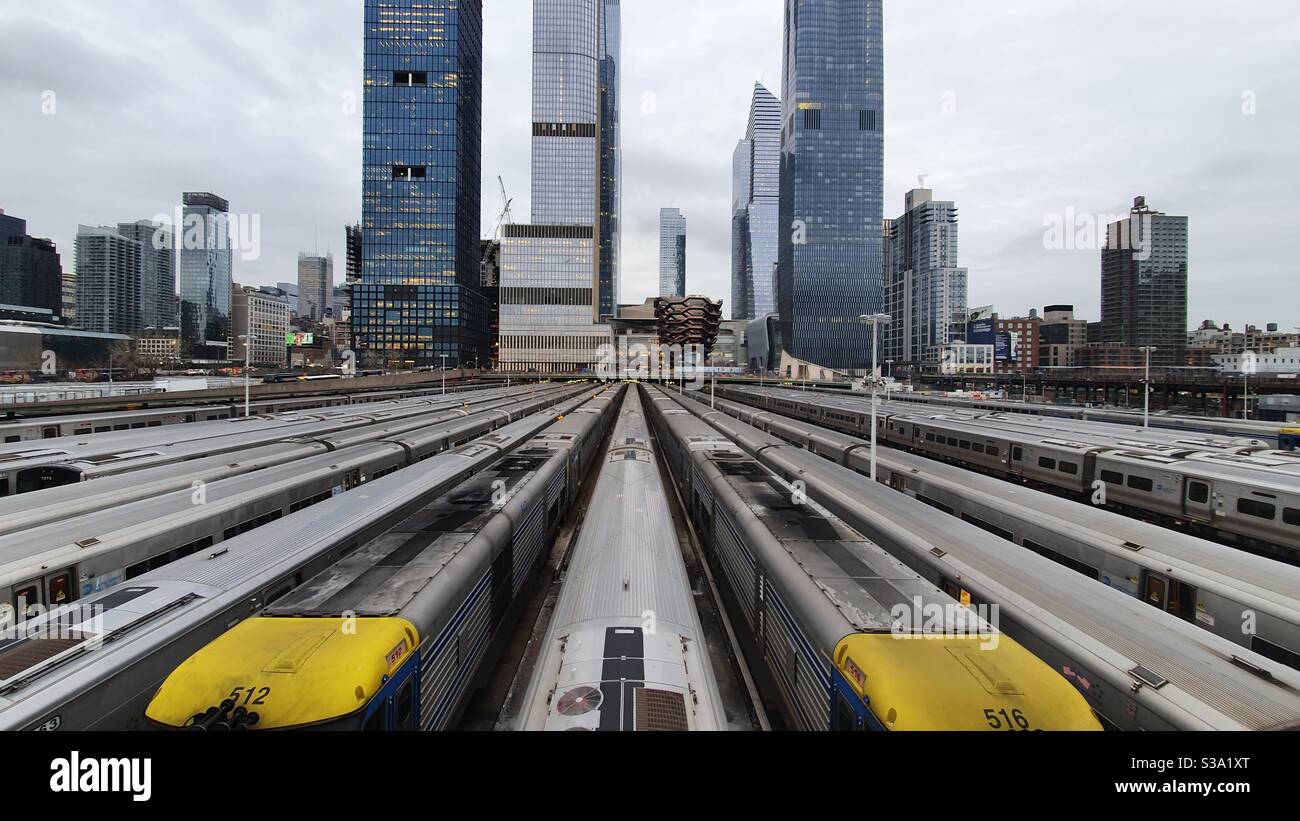 Hudson Yards with Subway Trains Stock Photo