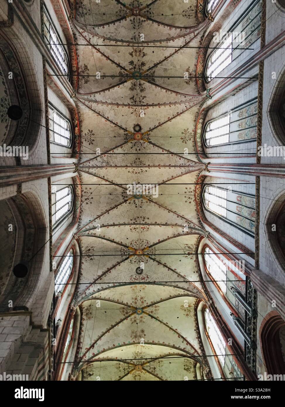 Arched ceiling of St Mary‘s church Lübeck, lower Saxony, Germany, with celestory Stock Photo
