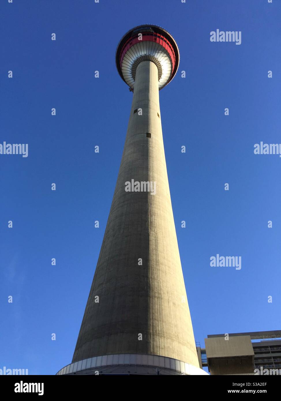 Alberta bound.  Calgary tower, rotating restaurant, city of Calgary, Alberta, Canada, blue sky, - Smartphone Captured Stock Image