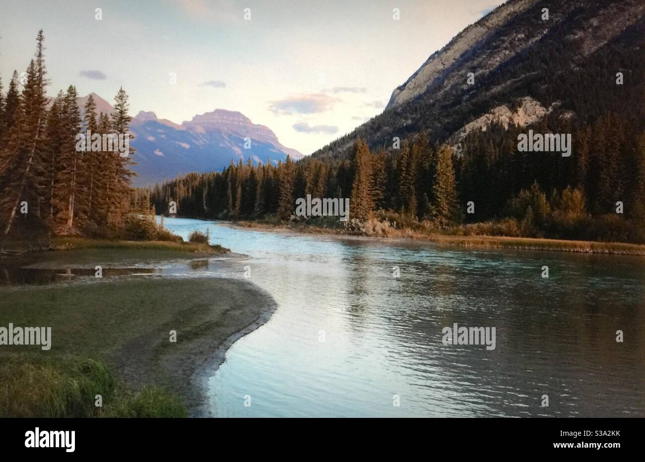 Alberta Bound, Bow River,Bow Valley Provincial Park, Canadian Rockies, Rocky Mountains, sunrise, mountain reflections , mirror, Along the TransCanada highway - Smartphone Captured Stock Image