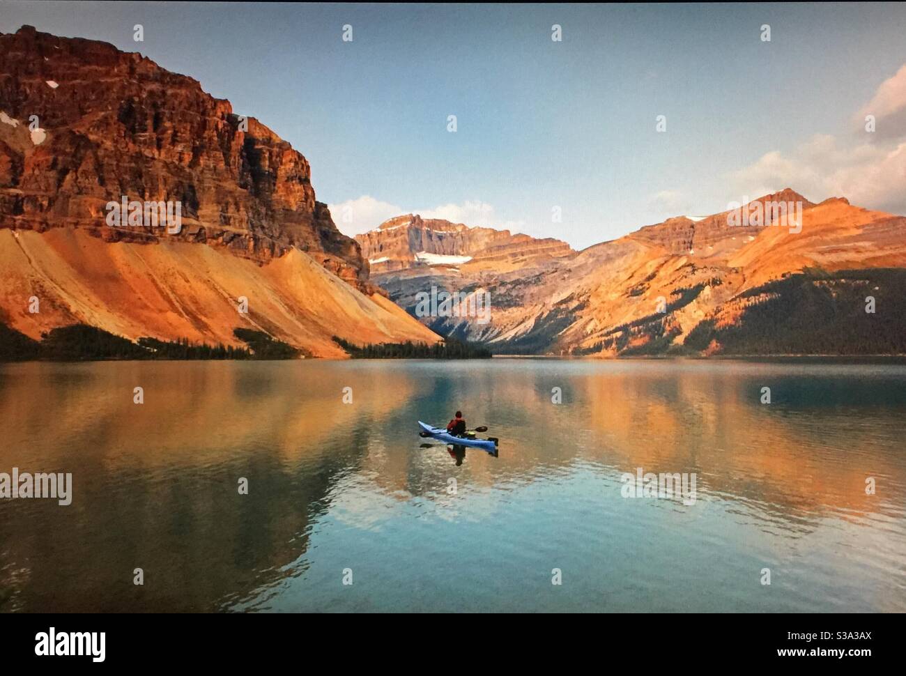 Alberta bound, travelling Alberta, Lomé kayaker, kayaking, Bow Lake, Banff National Park, Canadian Rockies, mountains, lakes, rugged, jagged, peaks, reflections, mirror - Smartphone Captured Stock Image