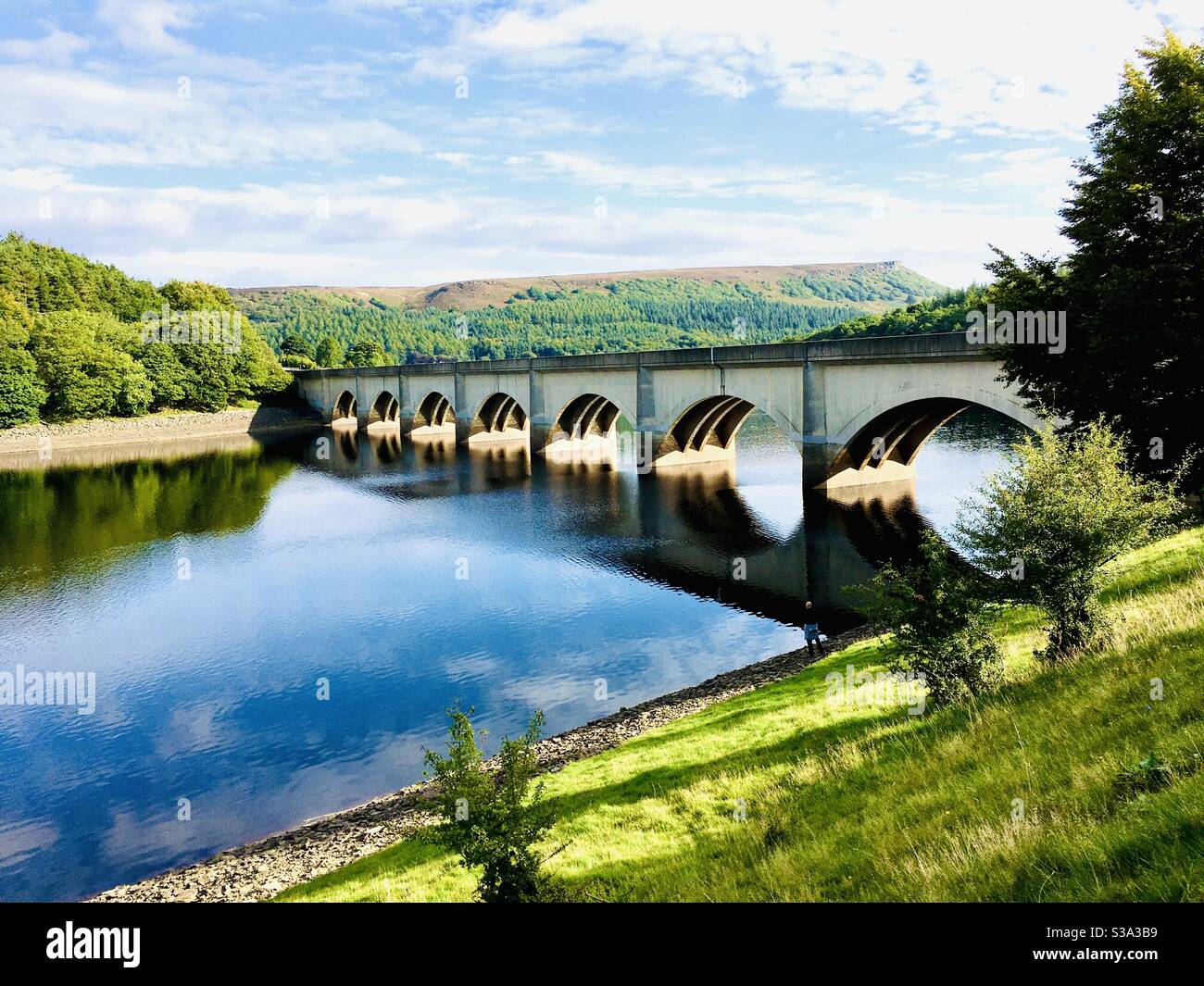 Ladybower reservoir Ashopton viaduct and A57 over Ladybower reservoir Derbyshire Peak district national park Derbyshire England UK GB Europe - Smartphone Captured Stock Image