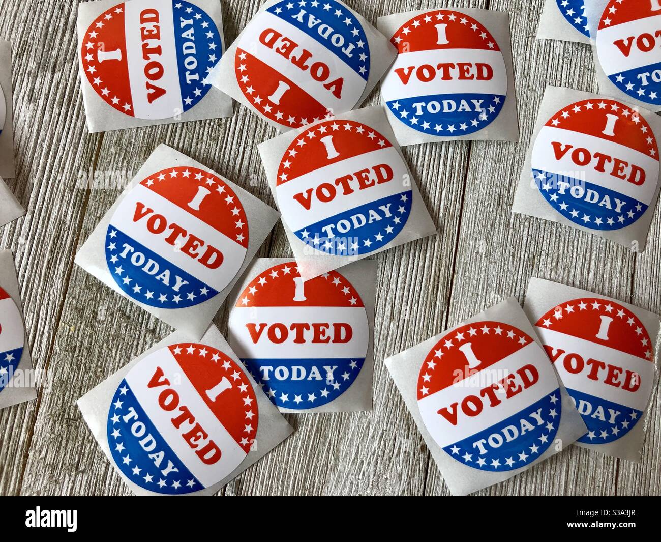 I voted stickers on a wooden surface Stock Photo