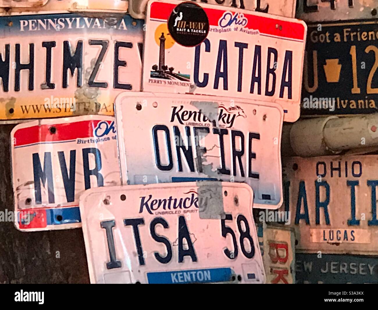 Collection of registration plates in a sport bar in Key West Florida
