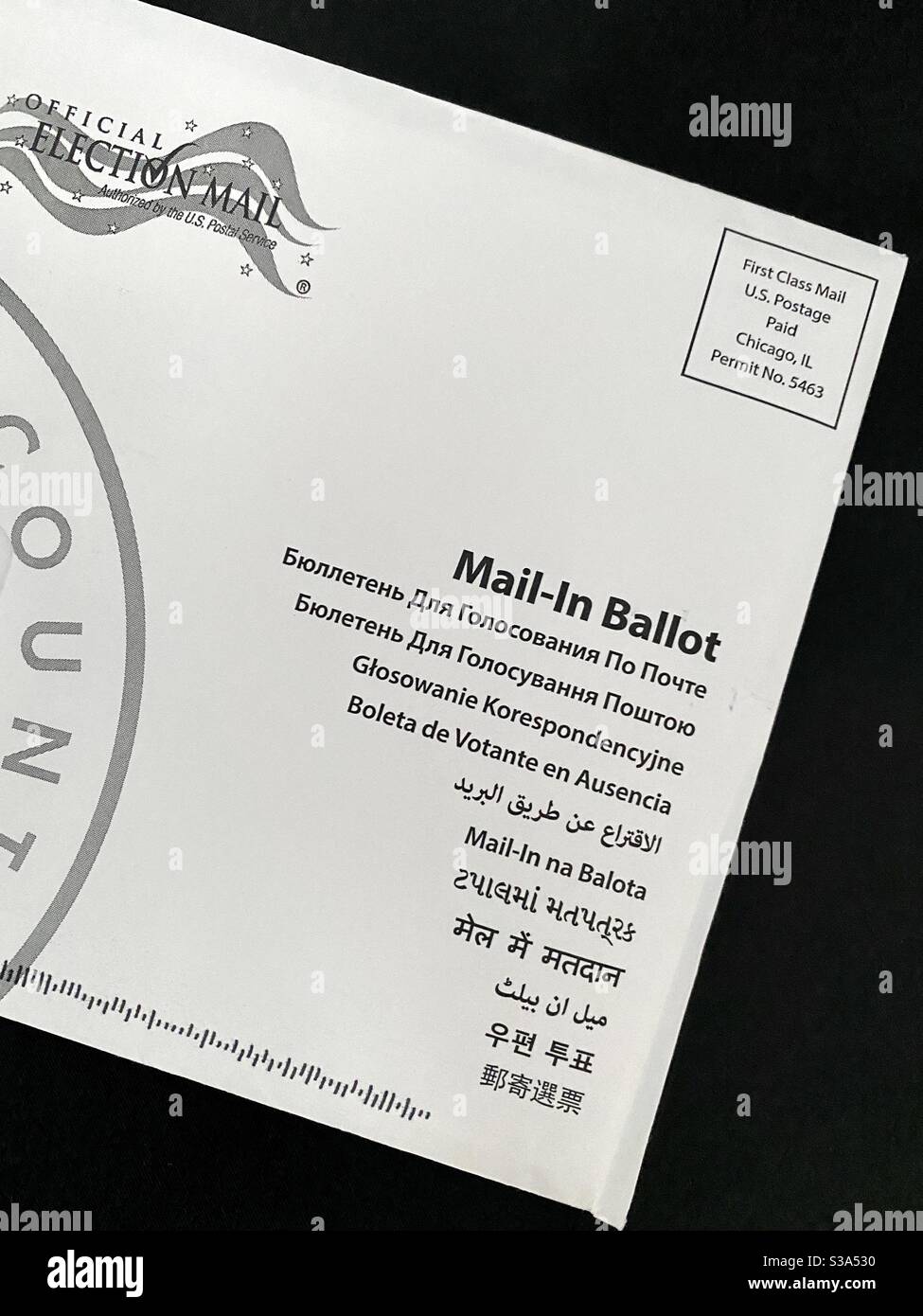 Mail-in ballot requested by registered voters delivered by US Postal Service. - Smartphone Captured Stock Image