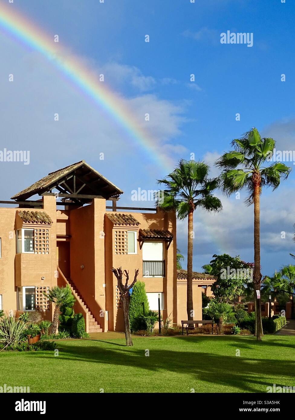 Rainbow and palm trees in southern Spain Stock Photo Alamy